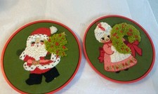 Vtg Christmas Crewel Santa And Mrs. Claus Handmade Embroidery Kitsch Big Eye GUC