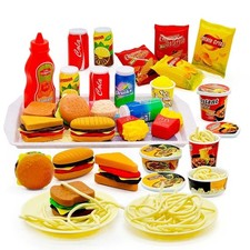 Pretend Play Kitchen Mini Foods Set for Kids Hamburger Fries Noodles Drink wi...