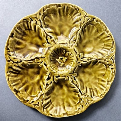 Vintage Yellowish Brown Olive Green French Majolica Oyster Plate by Gien