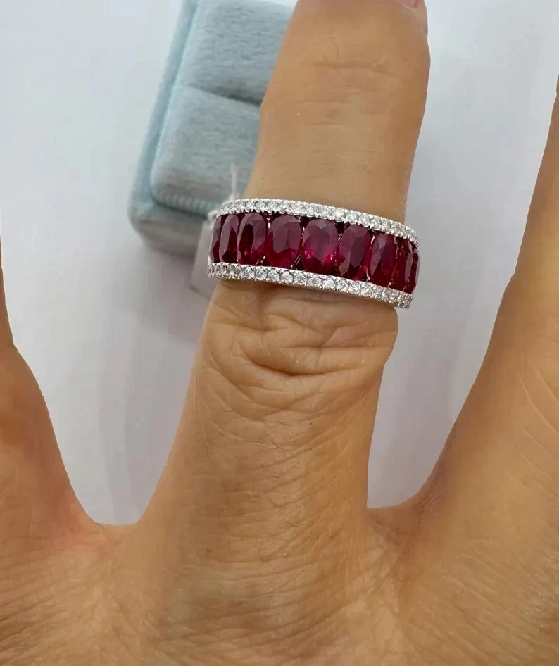 2.83Ct Oval Cut Lab-Created Red Ruby Art Deco Wedding Band 14K White Gold Plated - Image 2 of 4