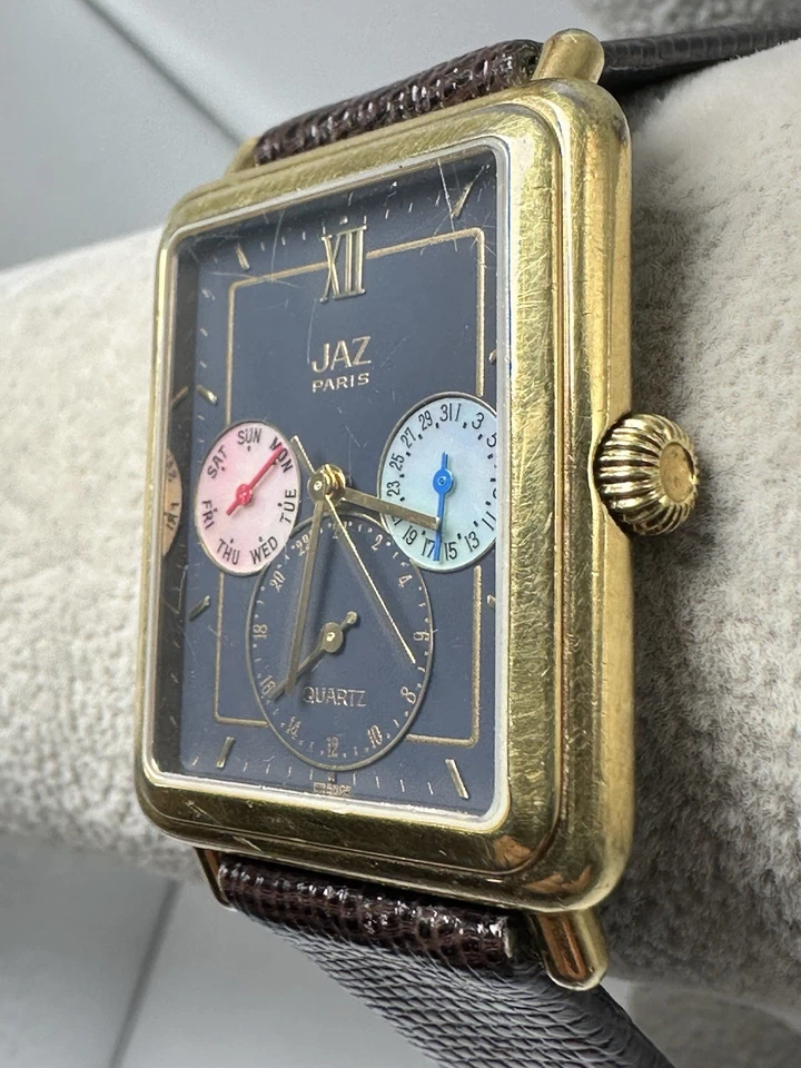 Reloj Jaz Paris N5CQ63 Triple Fecha Tanque Batería Nueva 30MM 7.75" Correa Cuero N88 Foto 2 de 4