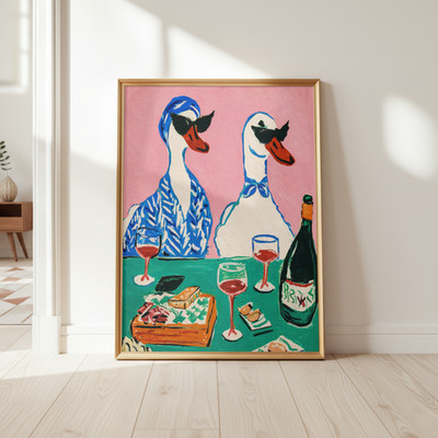Lustiger Wandbilddruck Ente - Enten trinken Wein Poster - Küche Esszimmer