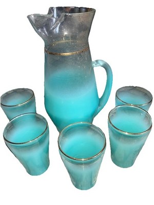 Vintage West Virginia Glass Aqua Blue Blenko Glass Pitcher & 5 Glasses Gold Trim