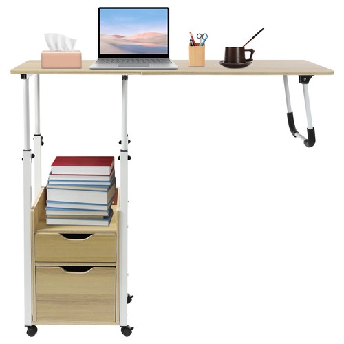 Bedside Table Rollers Height Adjustable Suitable Home Light Wood White - Picture 6 of 16