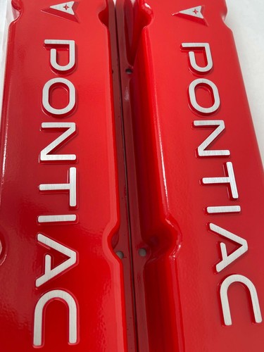 Small Block Chevy Tall RED Valve Covers, Pontiac RAISED Logo (FOR CHEVY ENGINES) - Picture 5 of 9