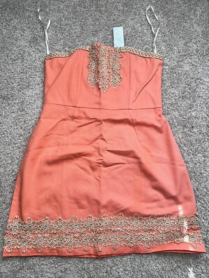 NWT New Mud Pie Blakely Strapless Dress Coral  Gold Embroidered Size Large