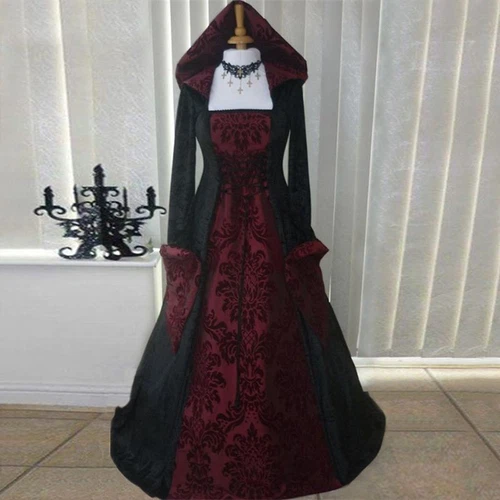 Vestido gótico renacentista victoriano vintage para mujer vestido medieval disfraz con capucha - Imagen 8 de 12