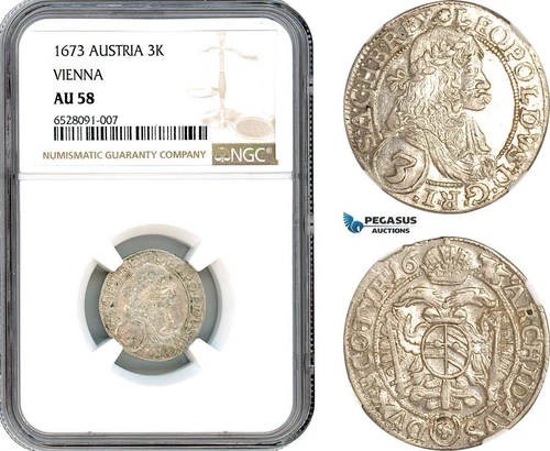 AI325, Austria, Leopold I, 3 Kreuzer 1673, Vienna Mint, Silver, NGC AU58