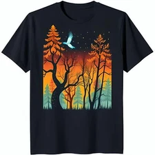Colorful Tree Graphic T-Shirt with Blue Bird on Dark Blue Background