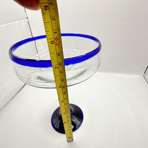 Large Heavy Clear Margarita Glass Hand Blown Blue Rim & Base 16 oz - Picture 10 of 22