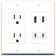 HD USB-3 2 USBC Port Wall Plate w/Power Outlet White
