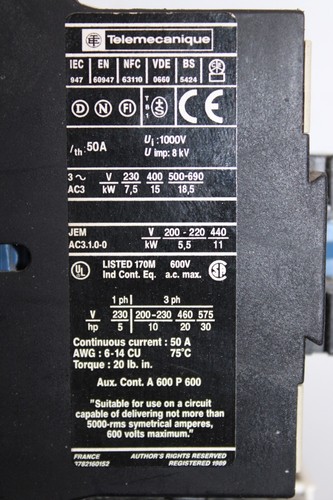TELEMECHANISCHER STARTER LC1-D25-10 600 VAC 50 AMP 30 PS 3-PHASEN *GARANTIE* - Bild 4 von 9