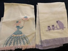 2 Vintage Linen Cotton hand embroidered Lady hollding flowers Owl Kirchen Towels
