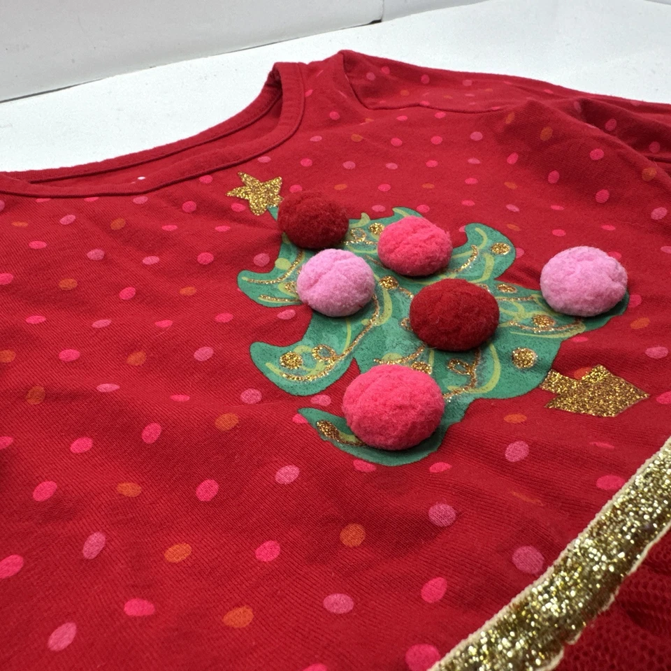 Size 5 Nannette Kids Girls Red Christmas Dress Polka Dots Xmas Tree Fuzzy Balls - Image 3 of 4