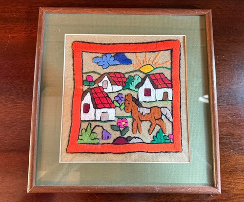 Vintage Hand Embroidered Mexican Folk Art Framed Textile Wall Hanging 