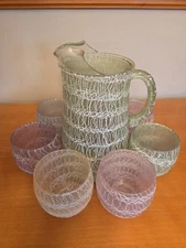Vintage MCM Spaghetti String Pitcher 8" Tumbler Set 7 Pastels 1950s Midcentury