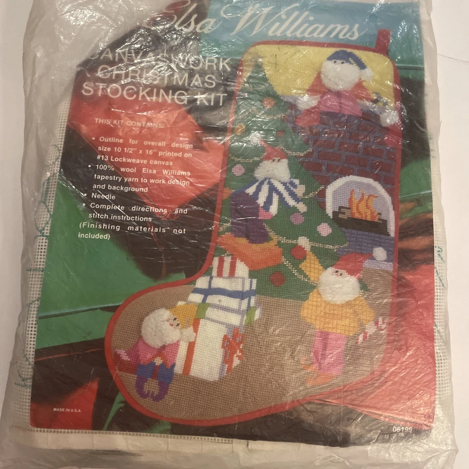 Elsa Williams Elves Christmas Stocking needlepoint kit Elf tree HTF VTG - Image 2 of 4