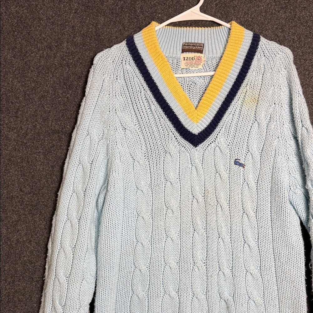 1970s Izod Lacoste Pastel Blue  V-Neck Sweater with Yellow and Navy Trim Large thumbnail 7