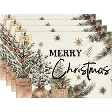 Festive Christmas Tree Holly Pine Cone Table Placemats Set of 4 Holiday Dining