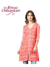 Peach Chikankari Cotton  Wool Thread Hand Embroidered Indian Kurti For Women