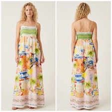 NWT C&C California Womens Linen Blend Tropical Print Smocked Maxi Dress Large