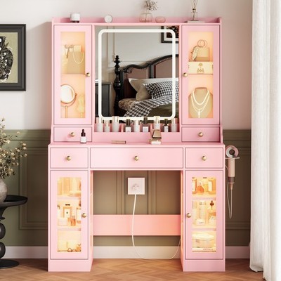 Vanity Desk with Mirror and Lights, 5 Drawers & RGB Cabinet, Charging Station