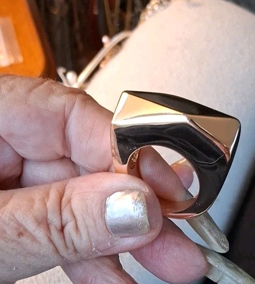 Modernist Geometric Unisex Ring Architectural High-Polished Golden Finish SZ 9