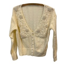 Vintage Pearl Beaded and Lace Open Knit Cardigan Sweater Ivory angora