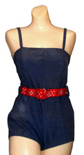 1950 BATHING SUIT 1 PC ROCKABILLY DEADSTOCK CHAMBRAY RED BANDANNA BELT ZIP BACK