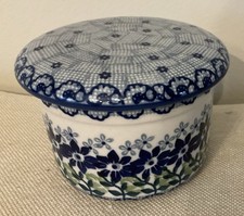 Boleslawiec Polish Pottery Unikat Blue Floral Cheese Keeper Butter 2-pc Dish