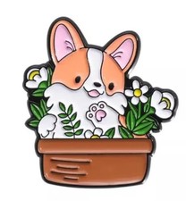 Corgi in a Flower Pot Soft Enamel Pin, 1.2 Inches Tall x 1 Inch Wide, Dog Pin, P