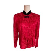 Vintage Red Floral Jacquard Mandarin Collar Blazer Frog Closure Jacket Womens 10
