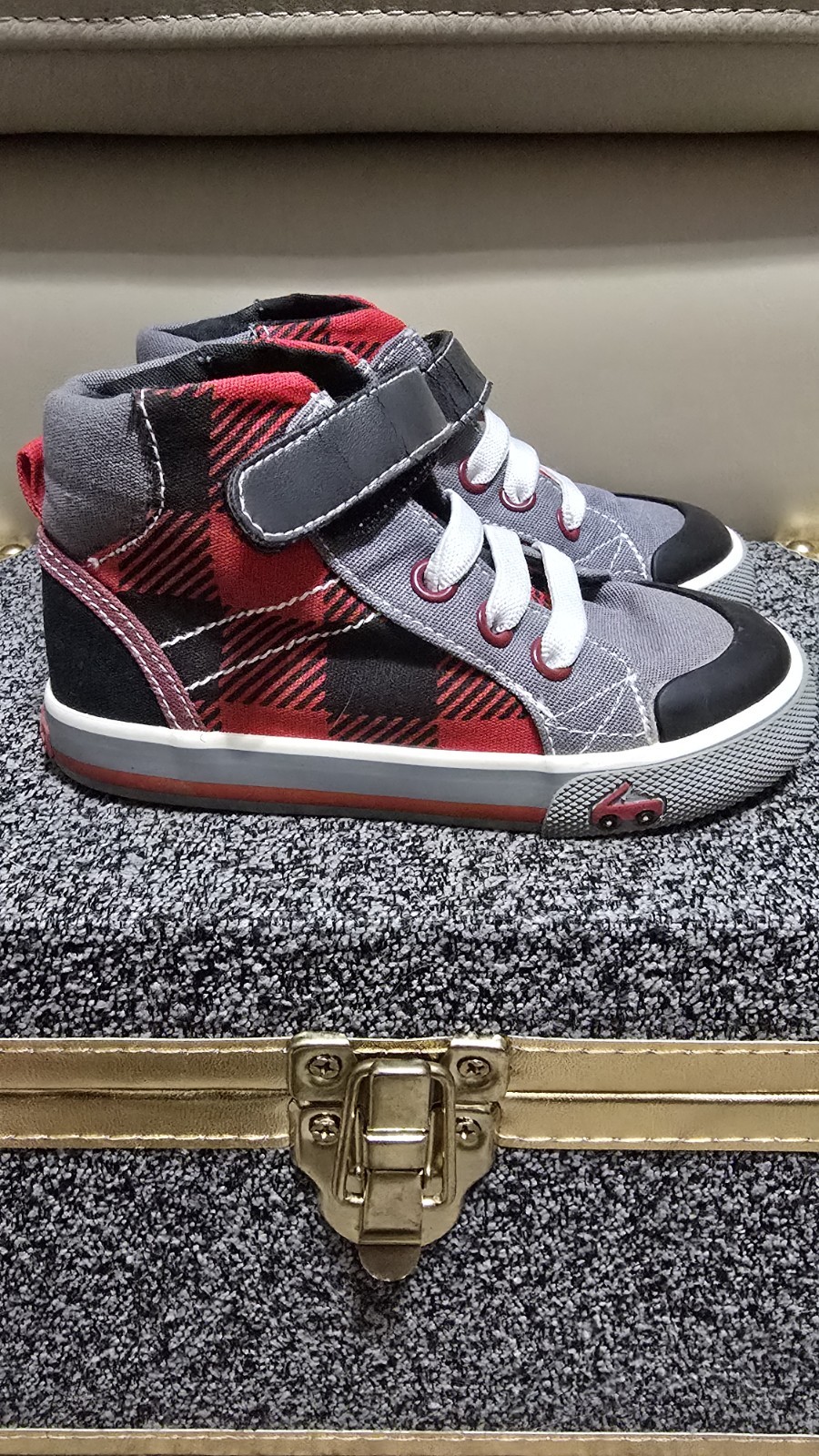 See Kai Run Dane Toddler  High Top  Shoe Plaid Fire Truck Re