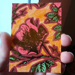 Shiny Red Roses on Orange Original Signed Drawing, 2026 Mixed Media OOAK aceo