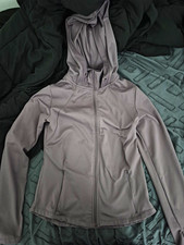 Women  s Gray Full Zip Hooded Track Jacket Pockets Thumbholes Size M