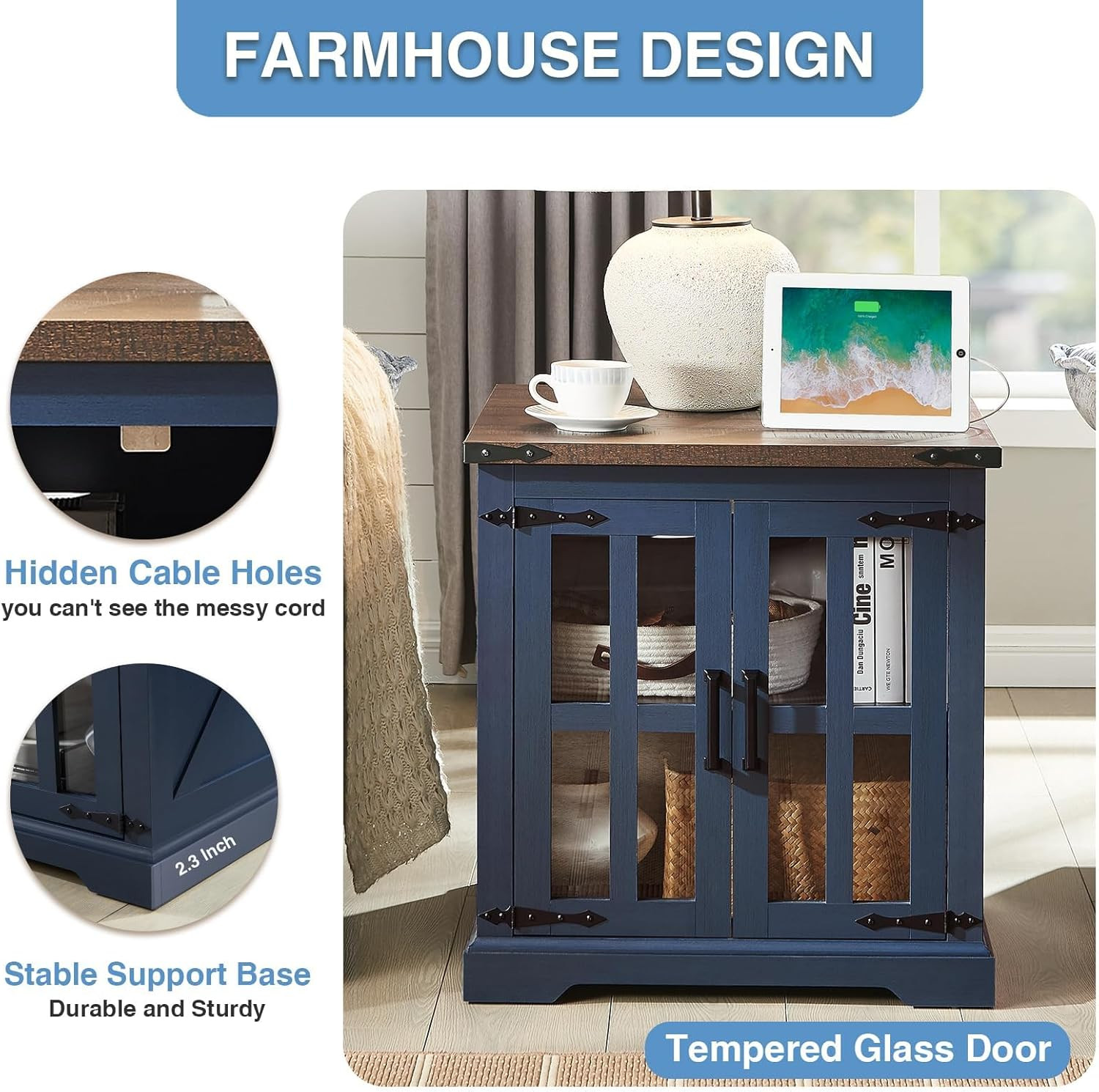 Rustic Navy Blue Farmhouse End Table with Charging Station & Glass Barn Door