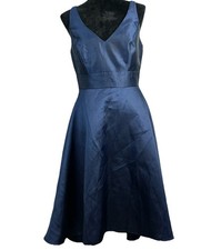 Alfred Sung Dress 10 Midnight Blue V Neck Knee Length Pocket Fit Flare D765 Zip