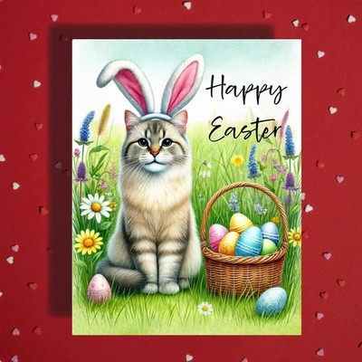 Easter Cat Greeting Card   Cute Bunny Ears Cat Spring Greeting