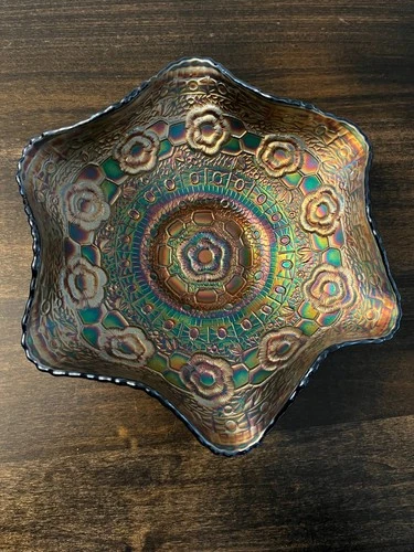 Vintage Fenton Captive Rose Electric Blue Carnival Glass 9" Ruffled Bowl Dish