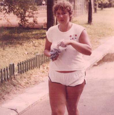 Vintage Photo Plump Woman in White Shorts and Shirt Curvy Lady Walking in Park