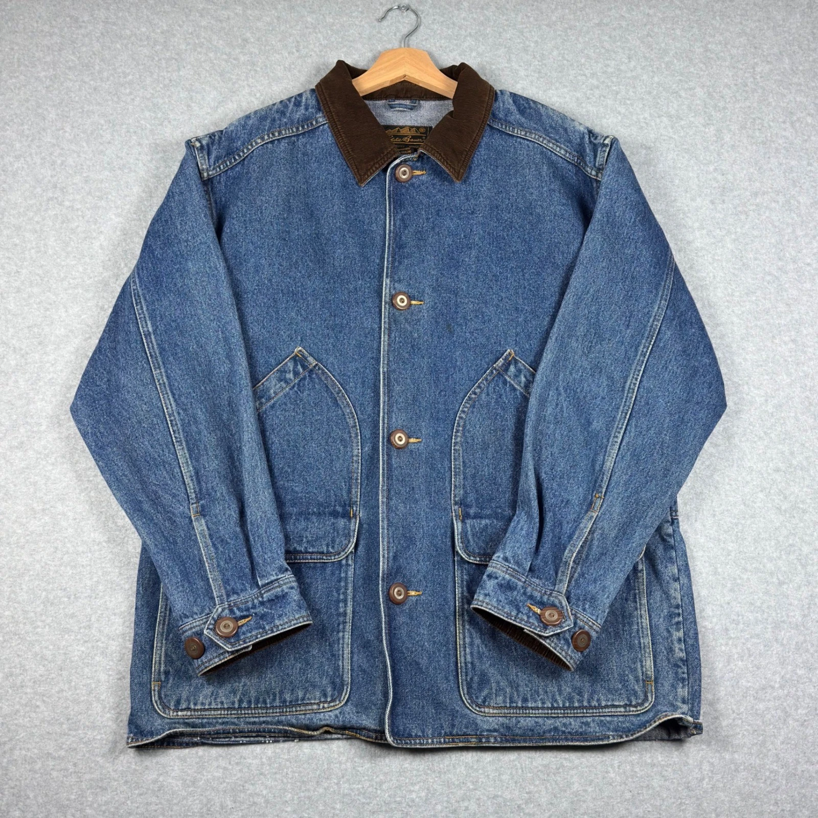 Vintage 90s Eddie Bauer Denim Jacket Mens L Chore Barn Coat Corduroy Collar - product detail image 1