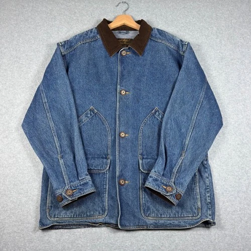 Vintage 90s Eddie Bauer Denim Jacket Mens L Chore Barn Coat Corduroy Collar - product listing photo