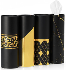 4 Pack Black Car Tissue Holder with 3-Ply Facial Tissues Bulk, Gold Foil round