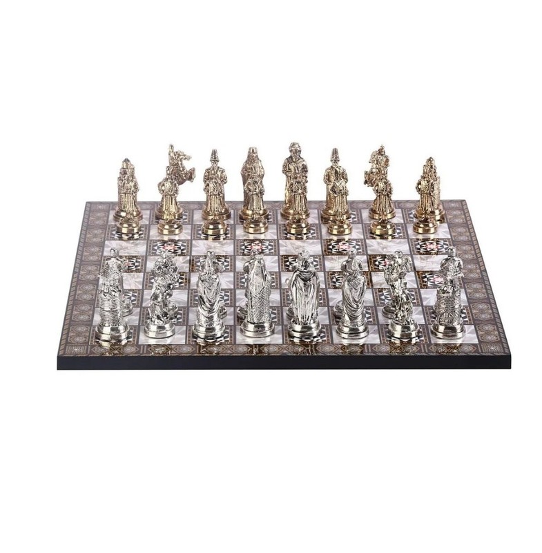 Large Size Metal Ottoman Byzantine Chess Set Shiny and Mother of Pearl Patterned
