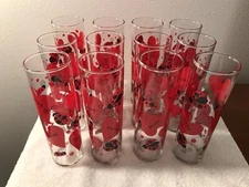 Vtg Lot of 12 Love Ladybug Tall Brunch Bar Glasses Valentines Day Hearts Narrow