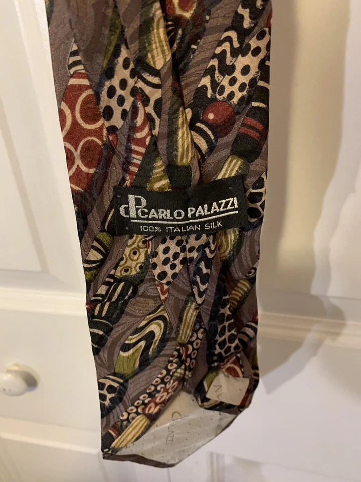 Corbata de seda italiana estampada geométrica Carlo Palazzi para hombre multicolor marrón 57" Foto 2 de 4