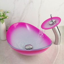 Oval Tempered Glass Vessel Sink  Faucet For Bathroom Pop-Up Drain Combo Tap Set