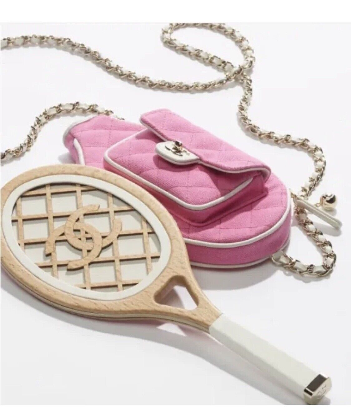 New 23c Chanel Runway Barbie Pink & White Tennis Racket Mirror