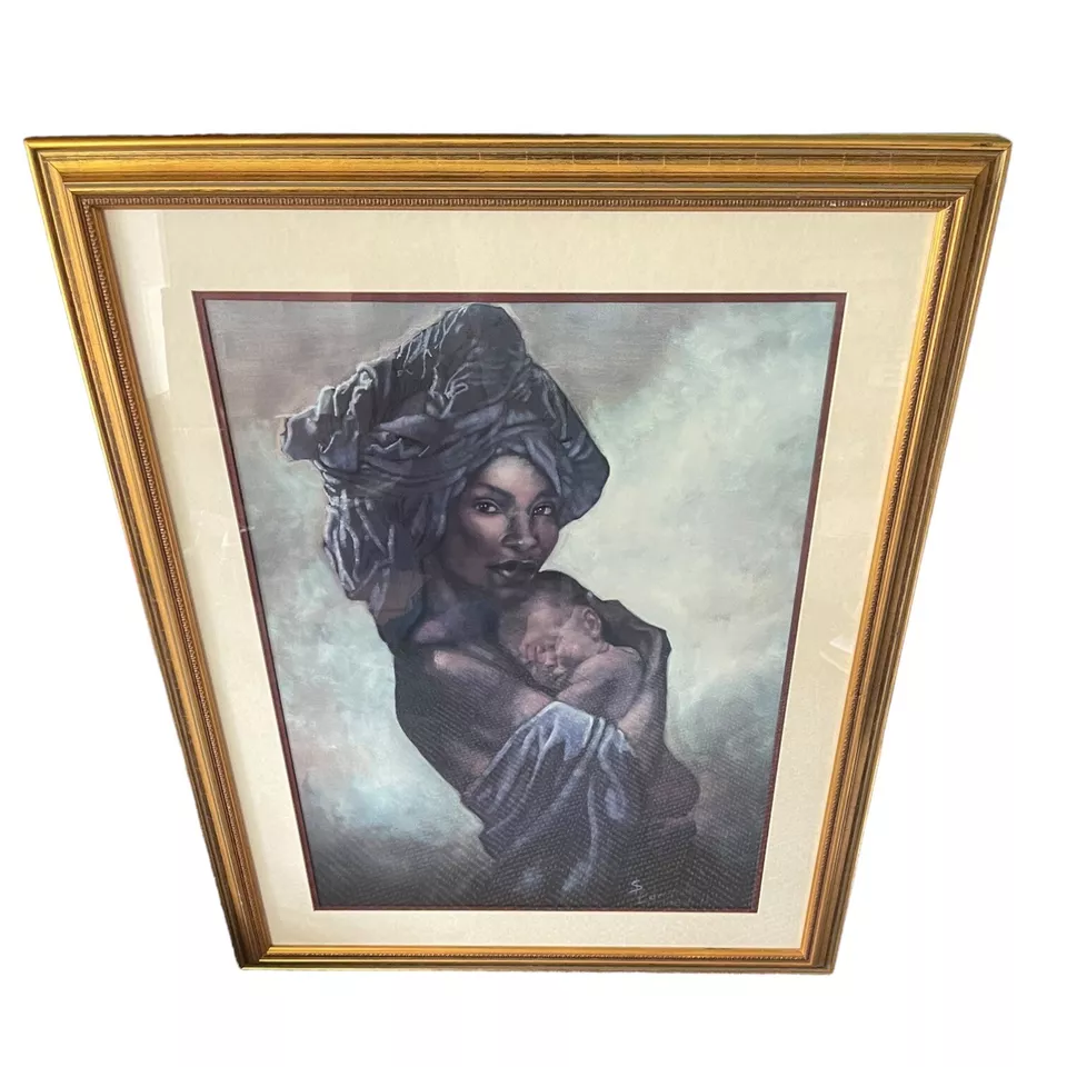 Impresión en lienzo africana de madre e hijo marco dorado vintage 26 X 32 Foto 4 de 4