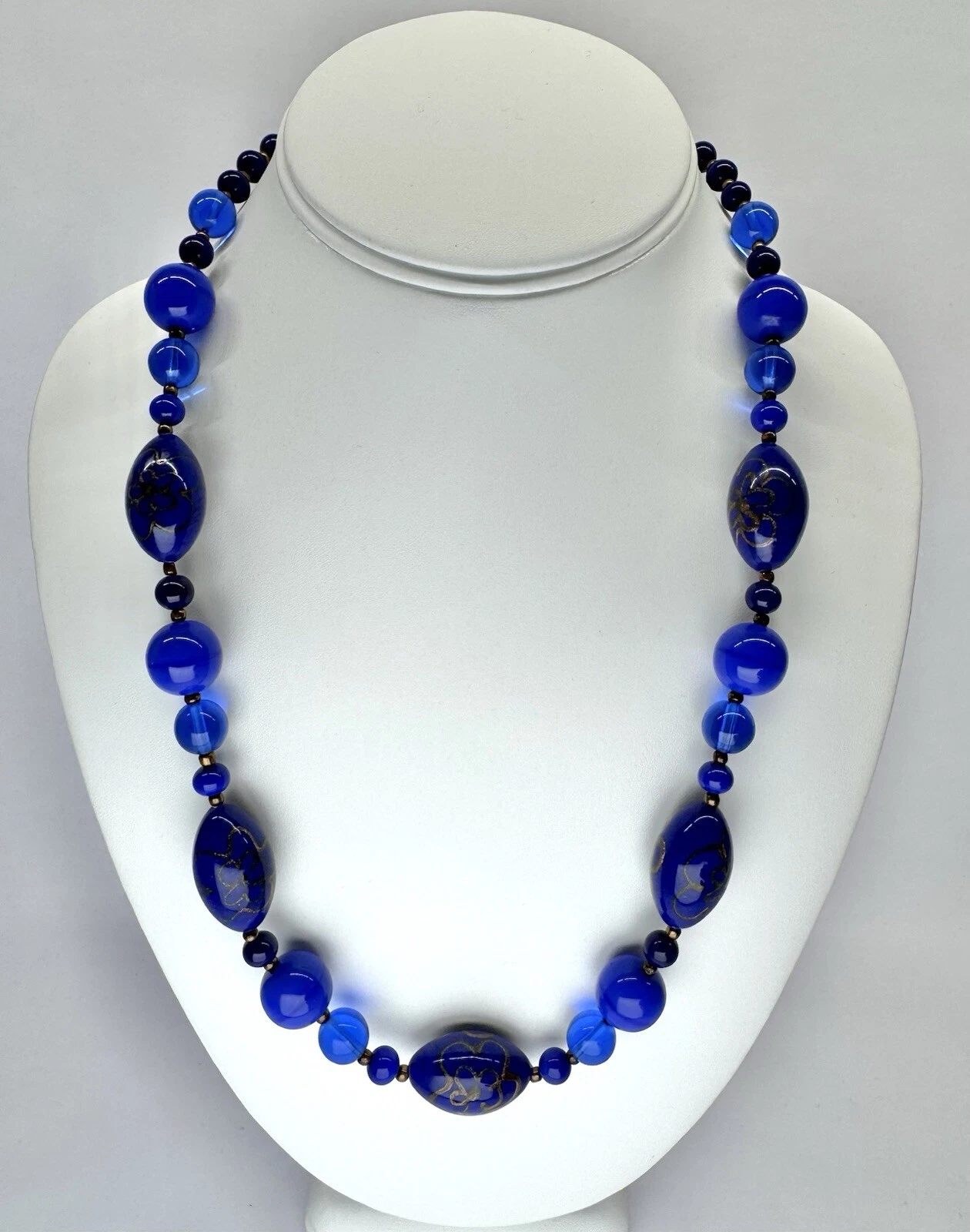 Italian Murano Blue & Gold Millefiori Glass Bead Vintage Necklace Jewelry N76